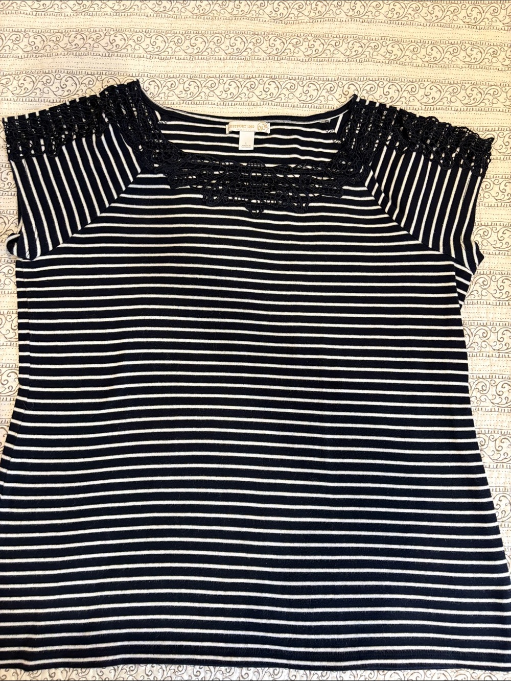Westport Navy and White Striped Short Sleeve Top with Crochet Trim